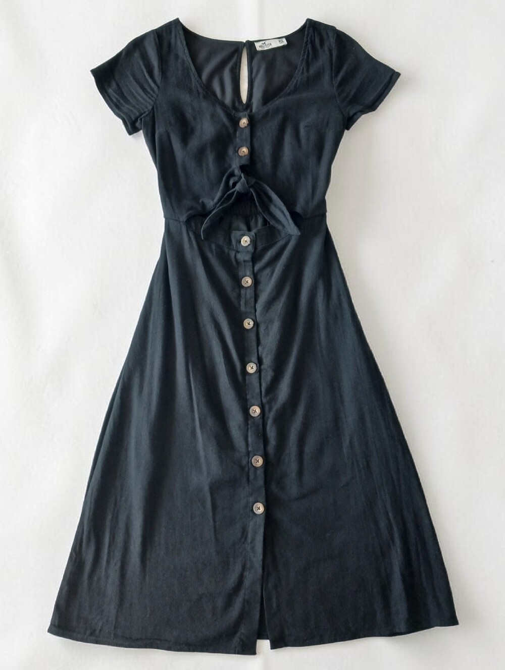 Black Button-Front Tie-Waist Midi Dress